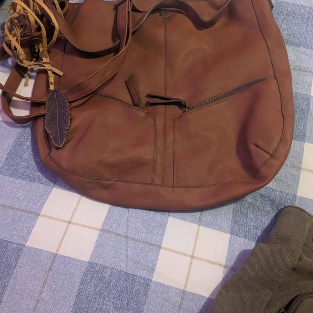 Brown Leather Tote Bag with Feather Charm
